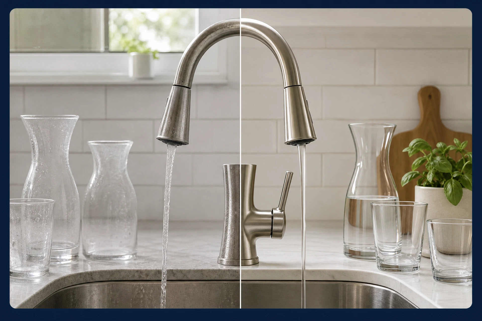 Kitchen faucet with everyday mineral spotting beside a clean, well-cared-for faucet